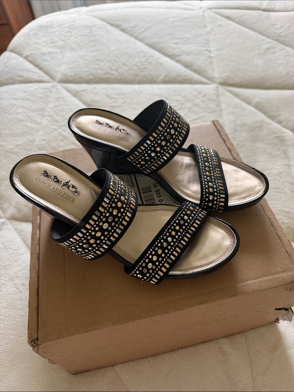 Coach Black Embellished Double-Strap Slide Heels, size 71/2